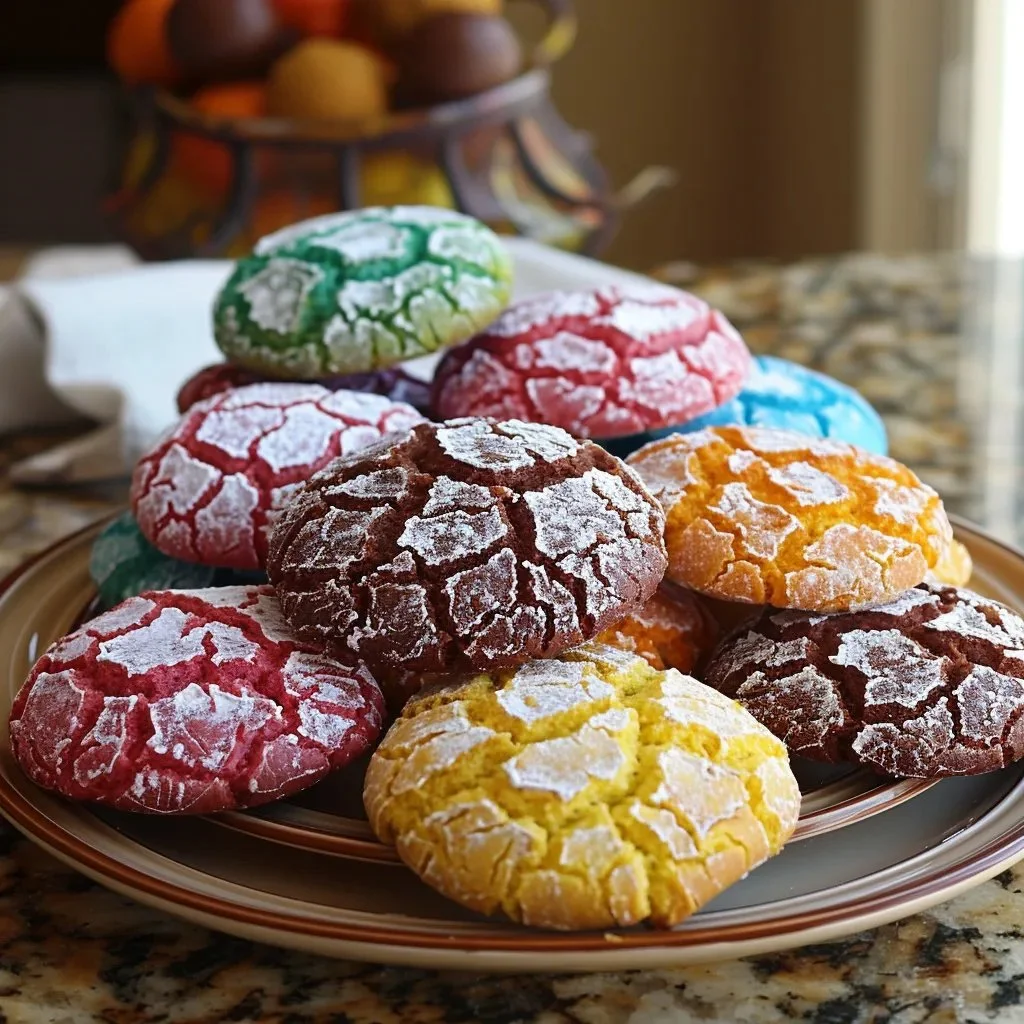 Colorful crinkle cookies topped with powdered sugar, showcasing vibrant colors.