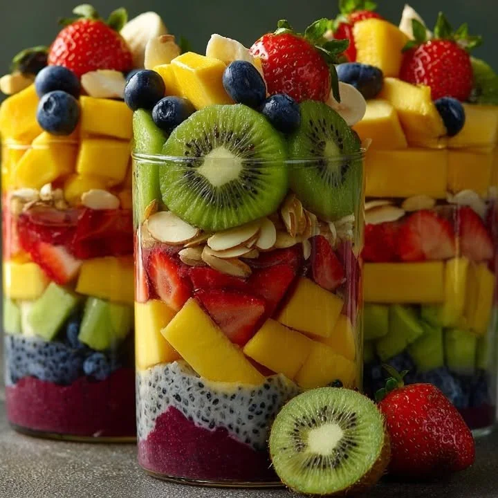 Colorful fruit parfait cups layered with fresh fruits and yogurt.