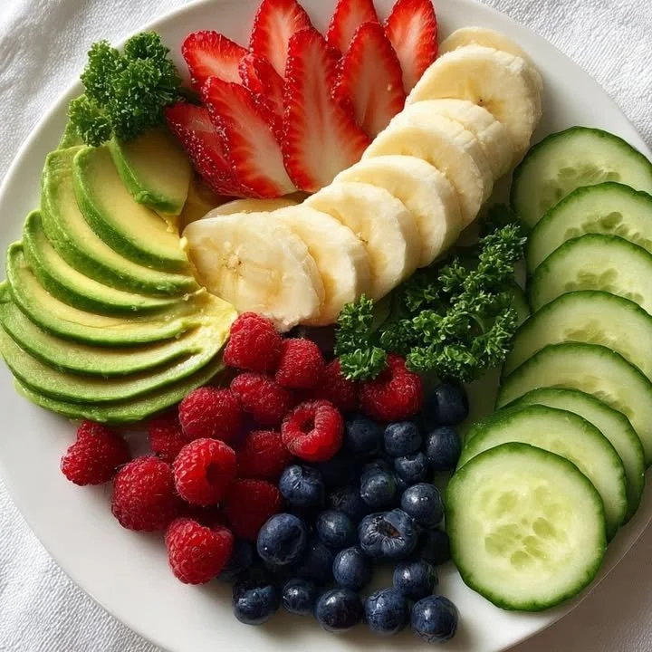 Colorful fruit and veggie breakfast plate with fresh produce