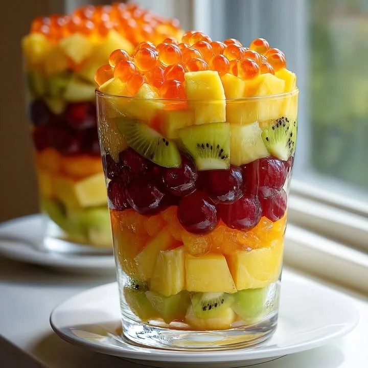 Colorful layered fruit cup with fresh assorted fruits in a clear glass