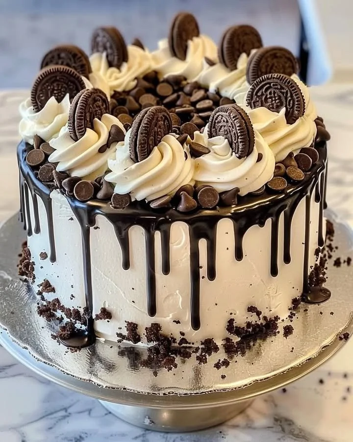 Decadent Cookies and Cream Cake with chocolate layers and creamy frosting