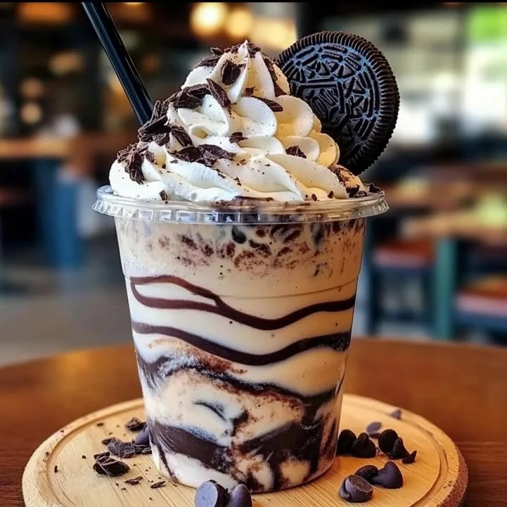 Delicious Cookies & Cream Frappuccino topped with whipped cream and cookie pieces