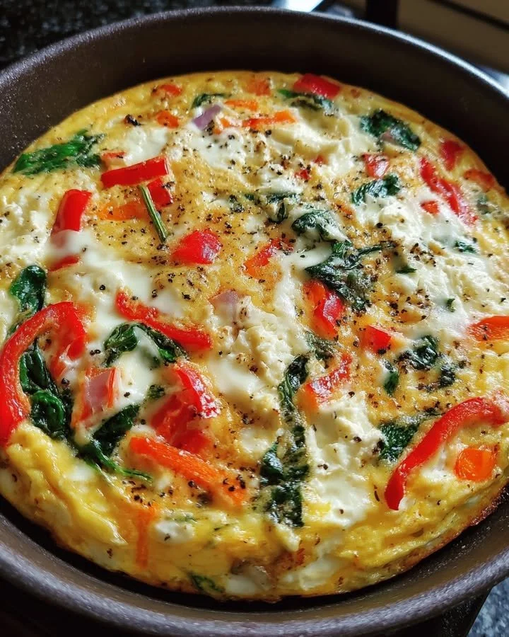 Cottage cheese and veggie bake served in a ceramic dish, healthy meal option.