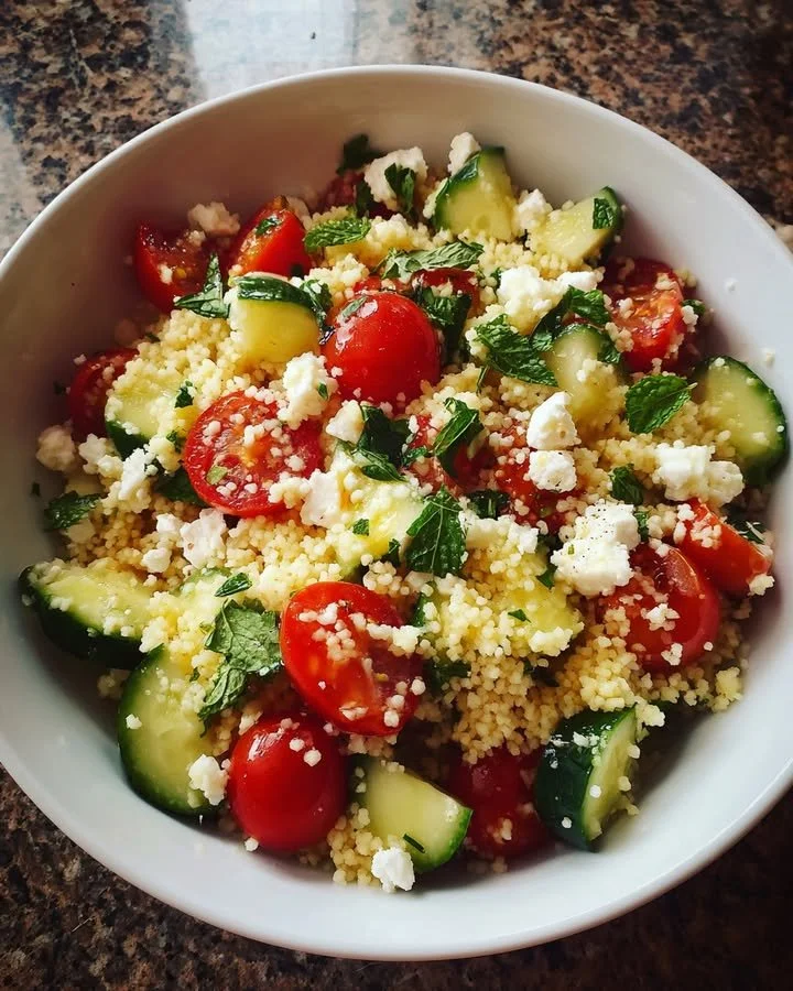 Colorful Couscous Salad with Feta and Fresh Mint Garnish