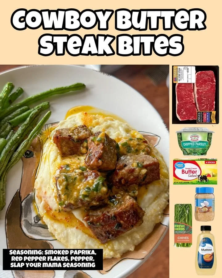 Delicious Cowboy Butter Steak bites served on a wooden platter