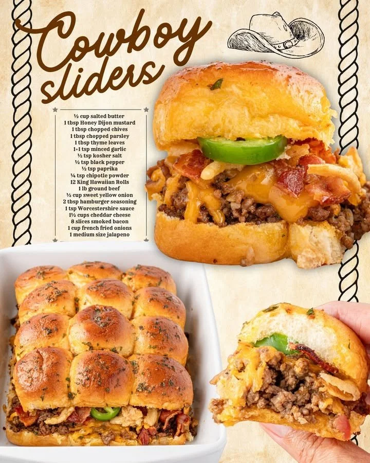 Savory Cowboy Sliders served with toppings and sauces on a wooden platter.