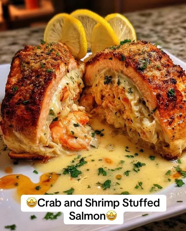 Crab and shrimp stuffed salmon on a plate garnished with herbs