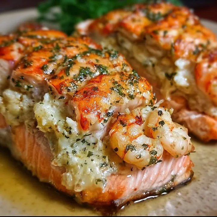 Crab and Shrimp Stuffed Salmon on a plate garnished with herbs