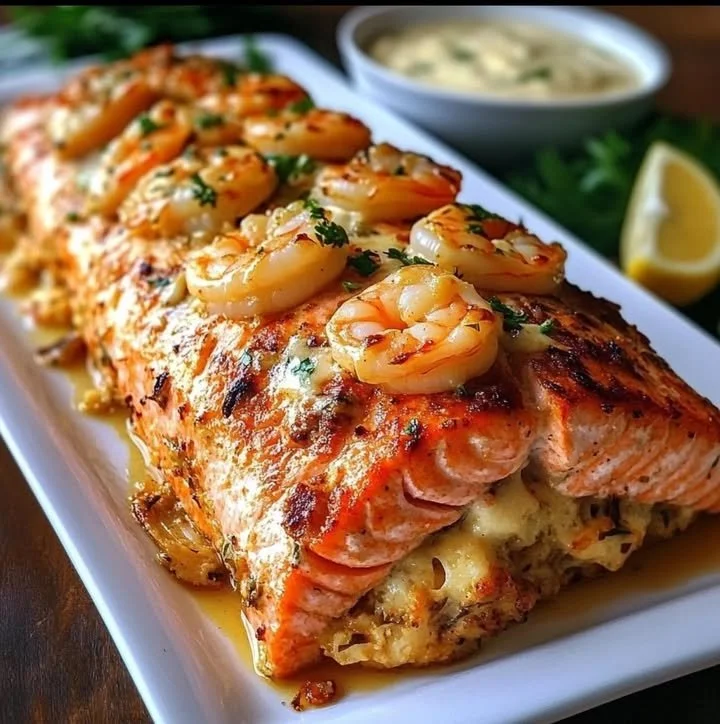 Delicious Crab & Shrimp Stuffed Salmon plated with herbs and lemon.