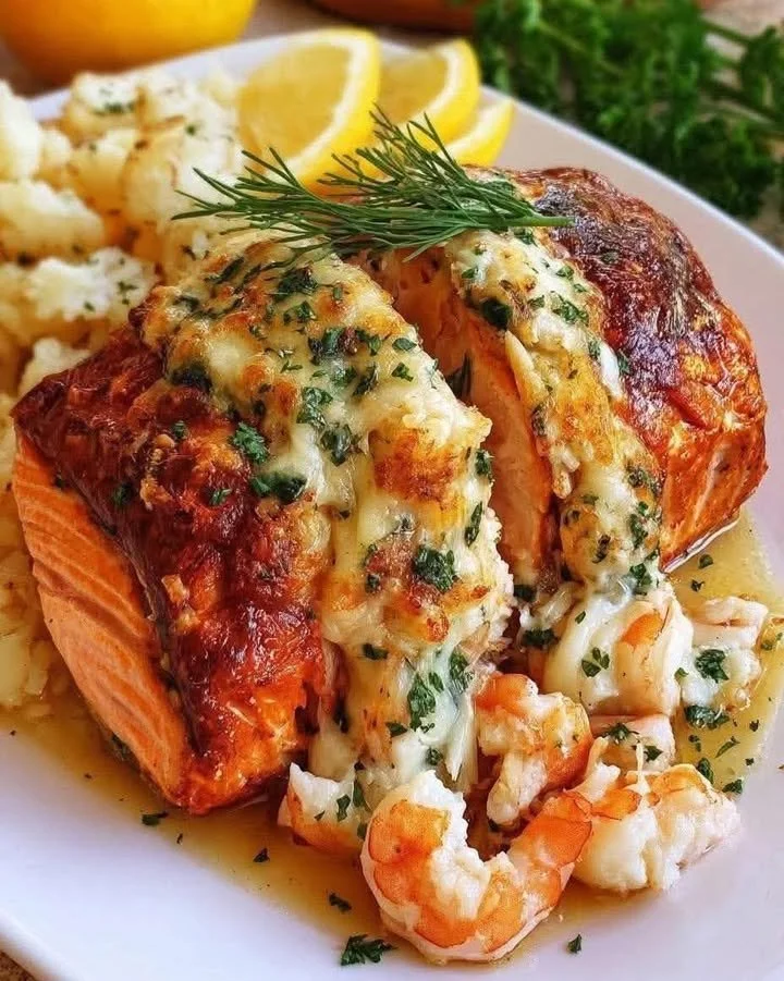 Crab and shrimp stuffed salmon ready to serve, garnished with herbs.