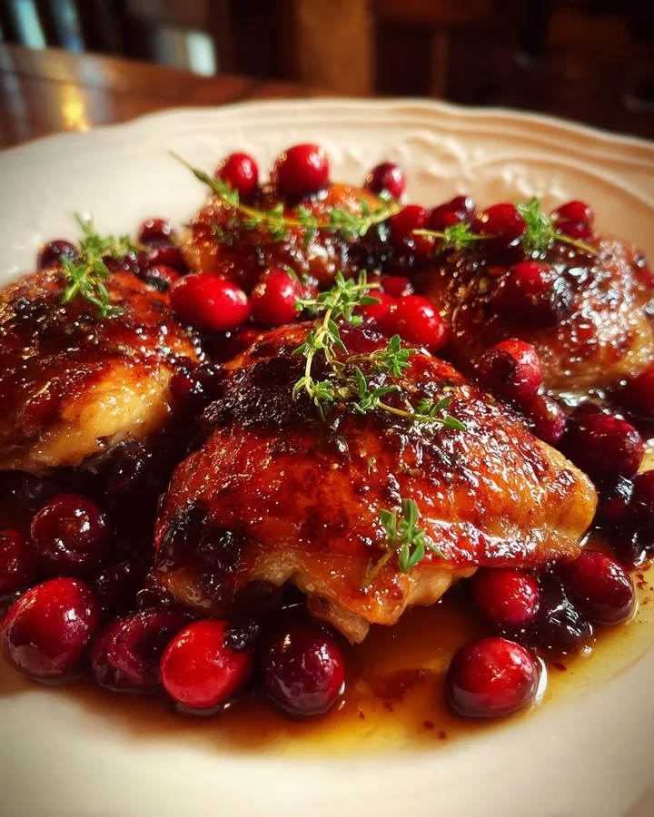 Cranberry and orange glazed chicken thighs served on a plate