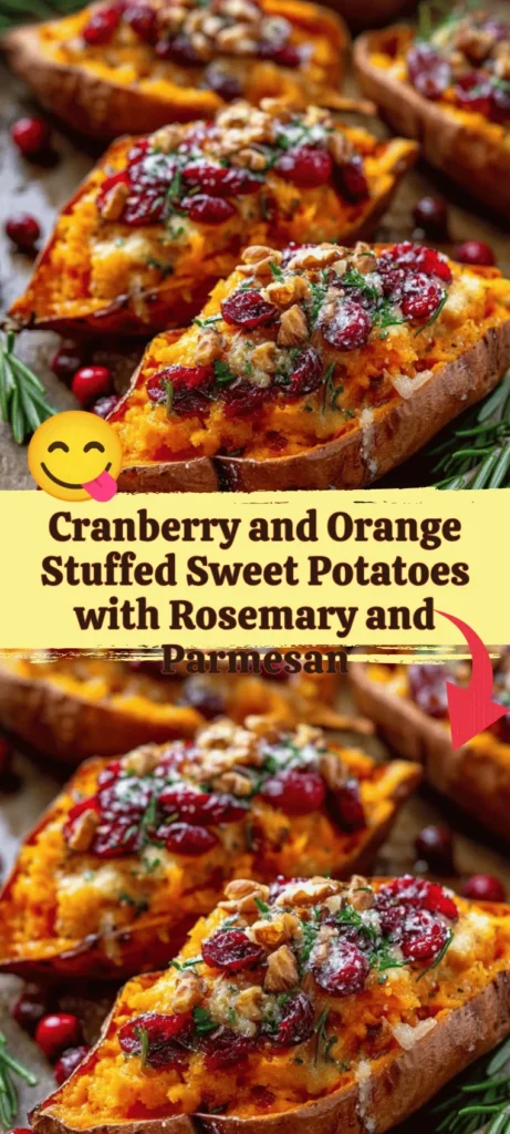 Cranberry and orange stuffed sweet potatoes garnished with rosemary and parmesan.