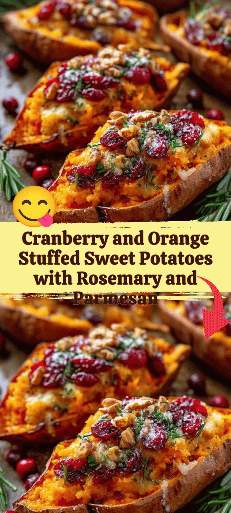 Cranberry and orange stuffed sweet potatoes garnished with rosemary and parmesan.