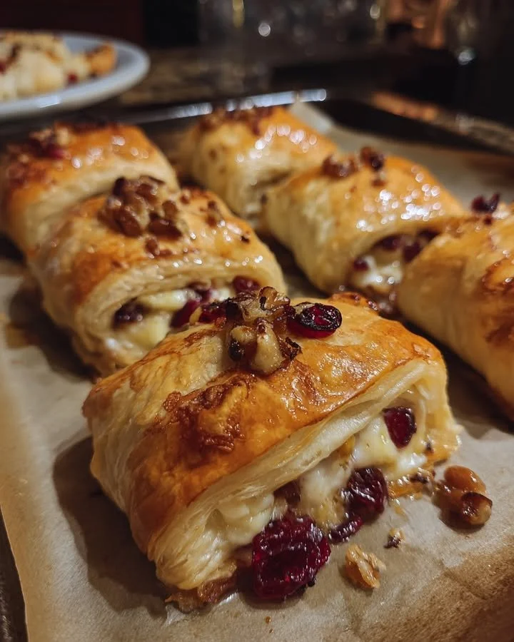 Cranberry and Walnut Baked Brie Rolls served on a platter