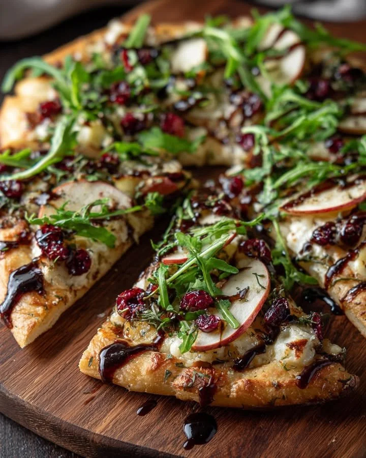 Cranberry Apple Flatbread topped with Brie cheese, fresh arugula, and balsamic glaze.