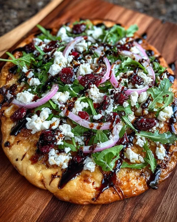 Cranberry Balsamic Flatbread with Goat Cheese and Arugula on a wooden platter