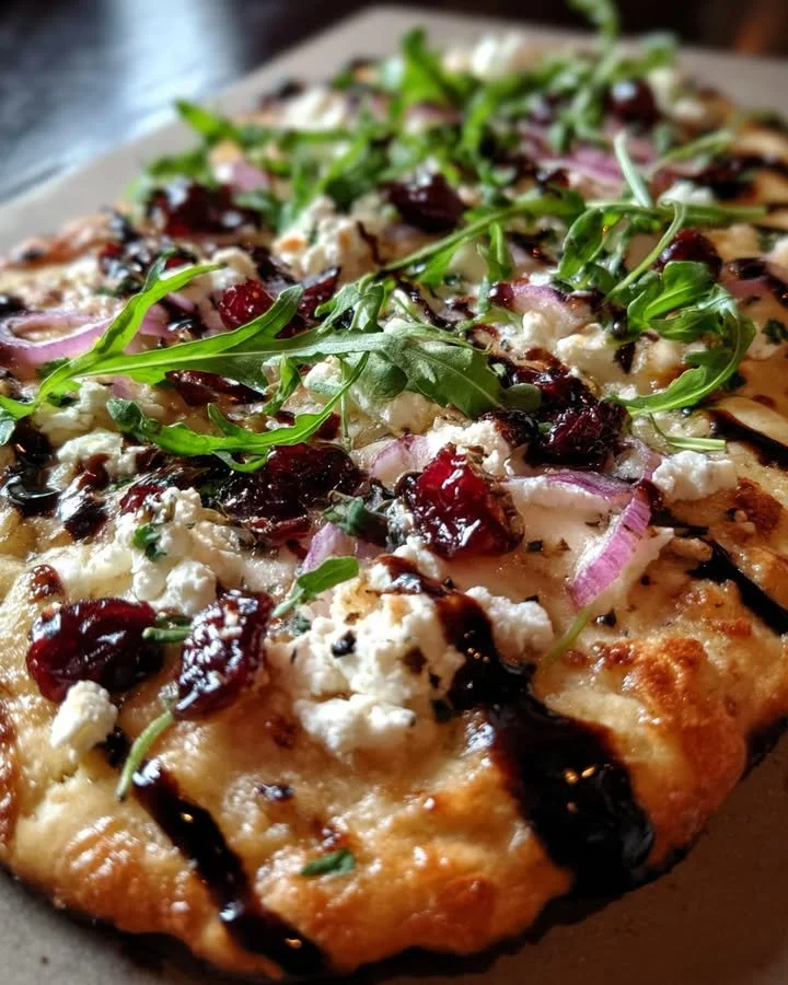 Cranberry Balsamic Flatbread with Goat Cheese and Arugula on a wooden serving board