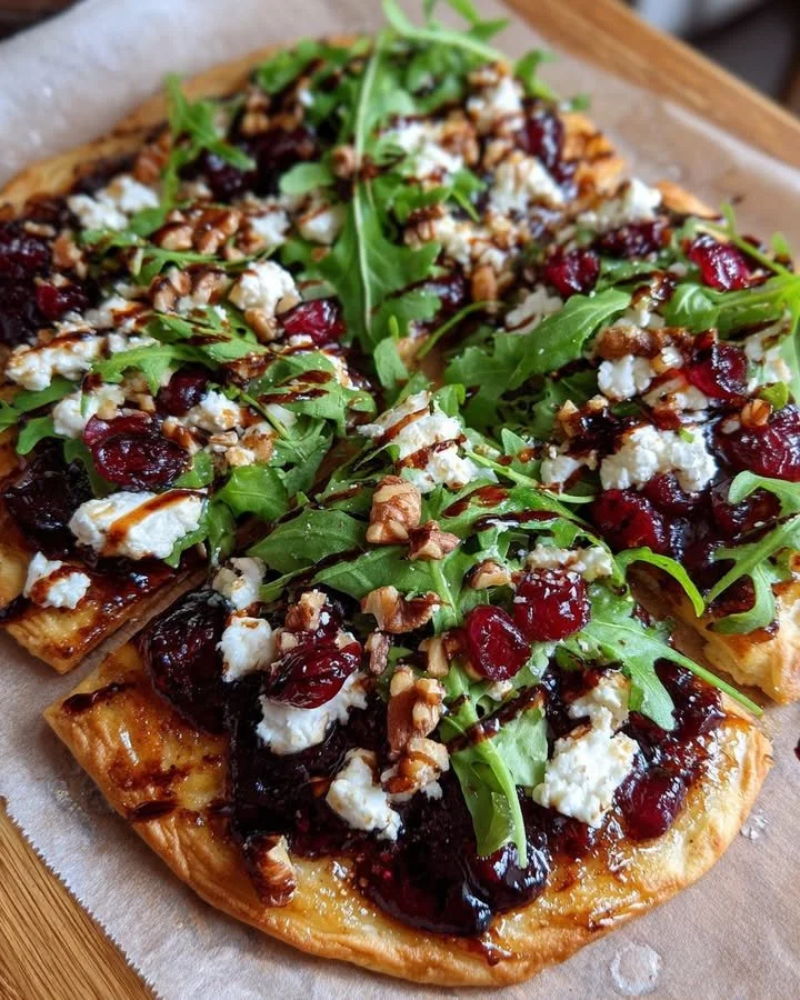 Cranberry Balsamic Flatbread topped with goat cheese and arugula garnished elegantly.