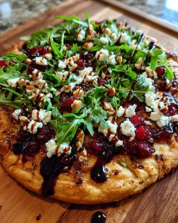 Cranberry Balsamic Flatbread with Goat Cheese and Arugula on a wooden serving board.