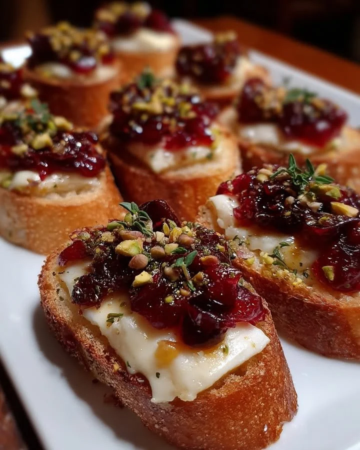 Cranberry Brie Crostini topped with thyme, a delicious appetizer for gatherings.
