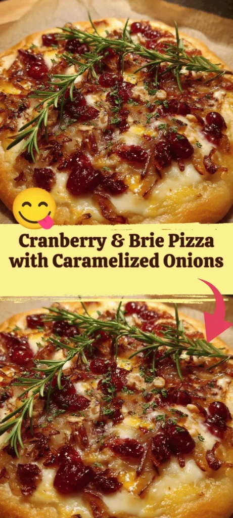 Cranberry Brie Pizza topped with caramelized onions on a wooden board.