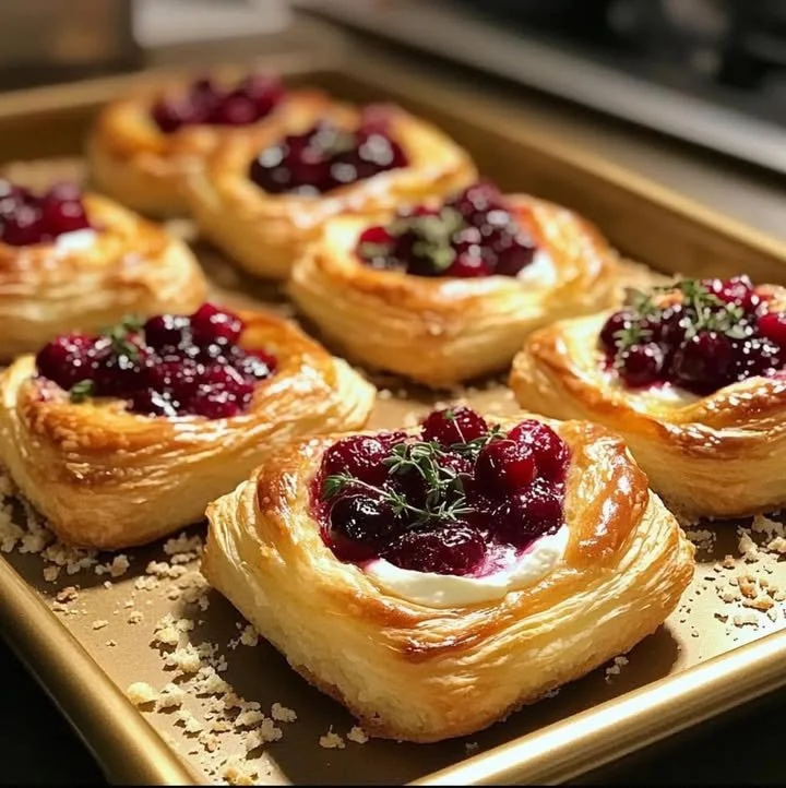 Cranberry Brie Bites in puff pastry, garnished with fresh herbs