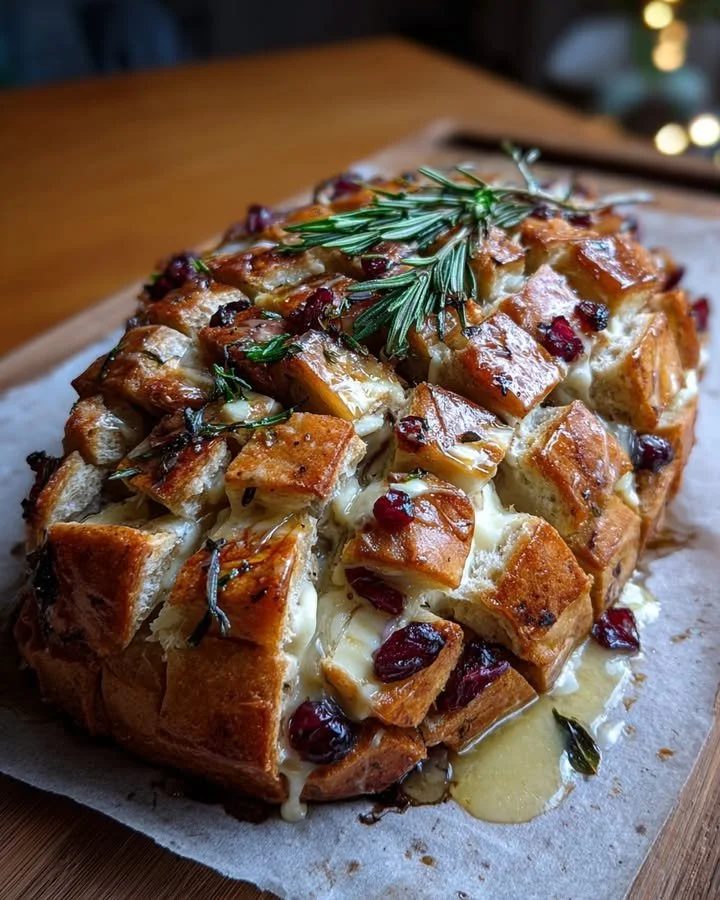 Cranberry Brie Sourdough Pull-Apart Bread topped with melted cheese and cranberries.