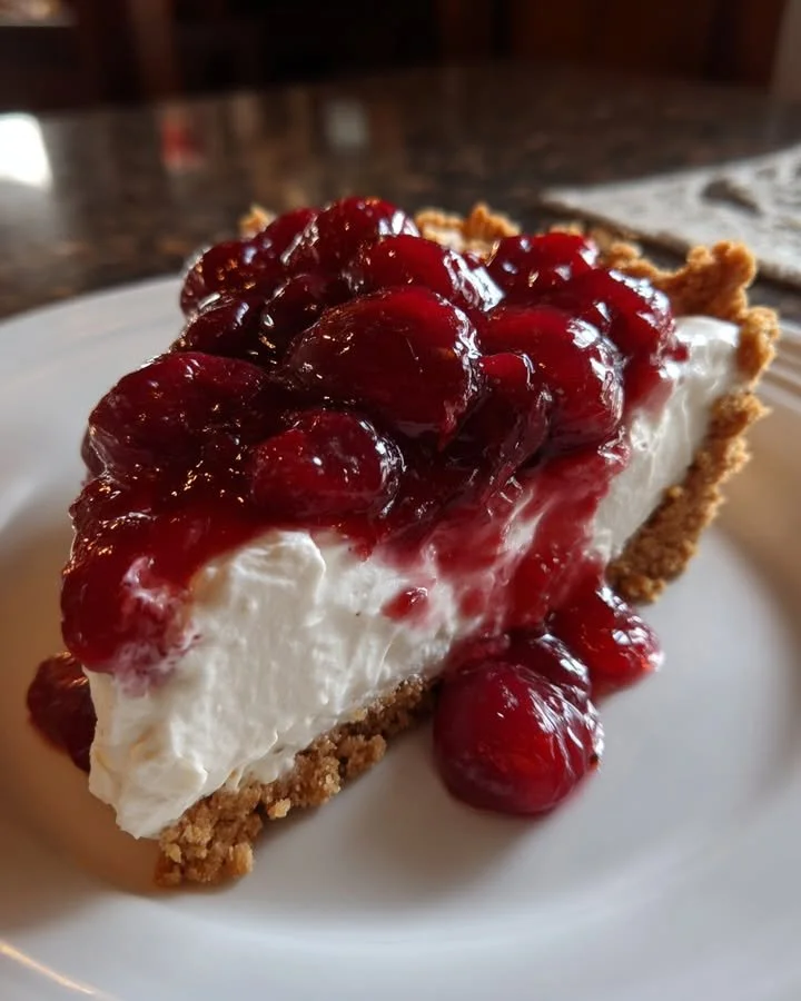 Cranberry Cool Whip Pie topped with fresh cranberries and whipped cream