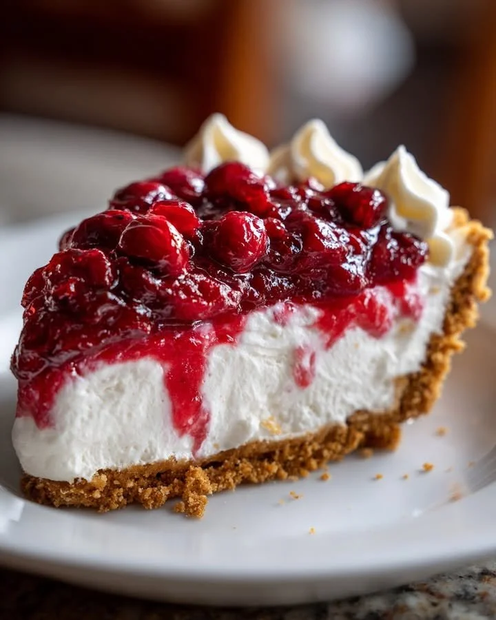 Slice of Cranberry Cool Whip Pie topped with cranberries and whipped cream.