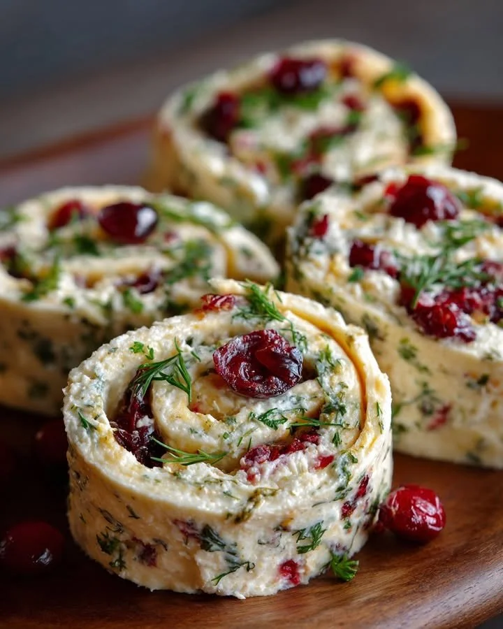 Cranberry Feta Pinwheels with herb tortilla wraps on a platter