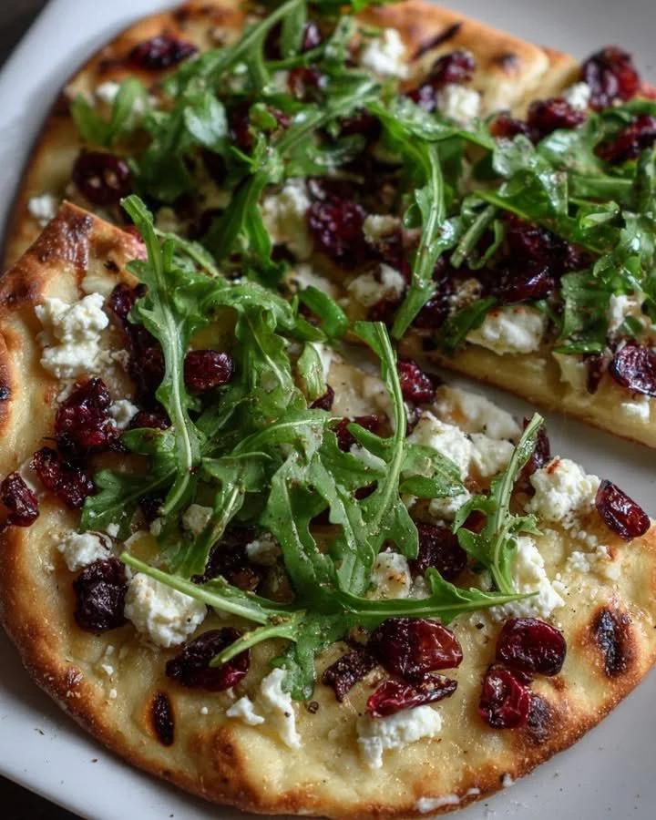 Cranberry Flatbread with feta, thyme, and arugula garnished on a wooden board.