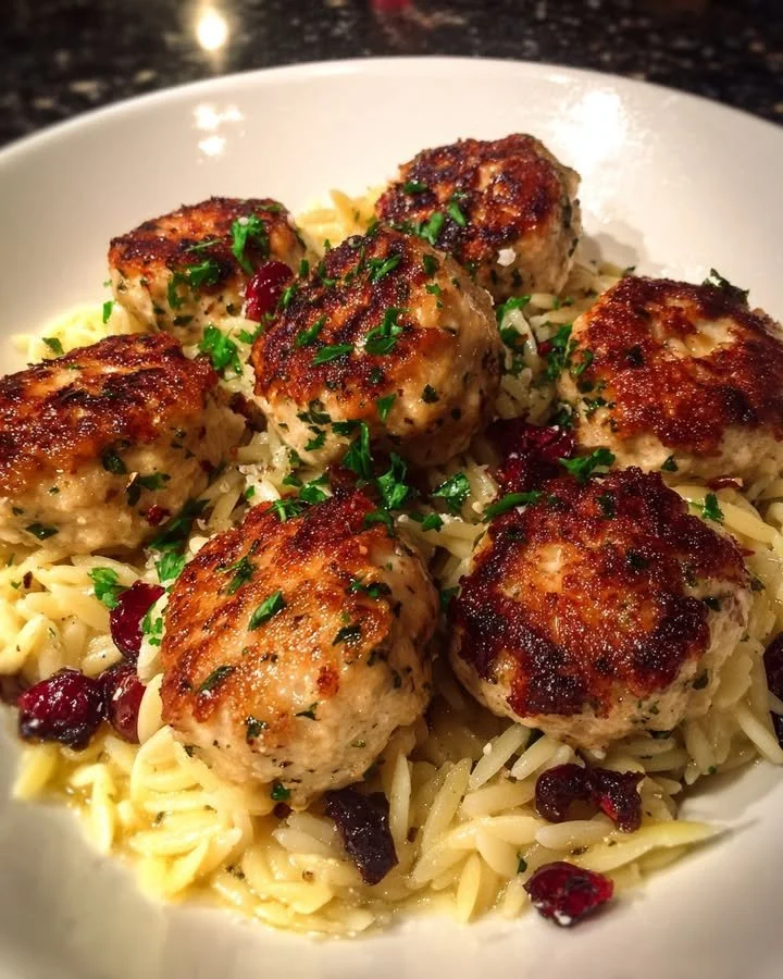 Cranberry and goat cheese chicken meatballs on a plate with lemon garlic orzo