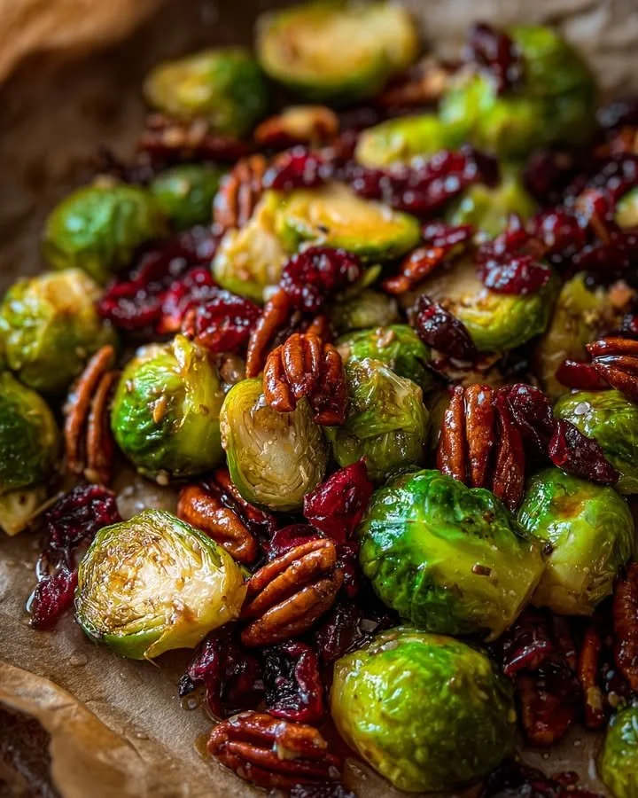 A plate of Cranberry Pecan Brussels Sprouts garnished with pecans and cranberries.