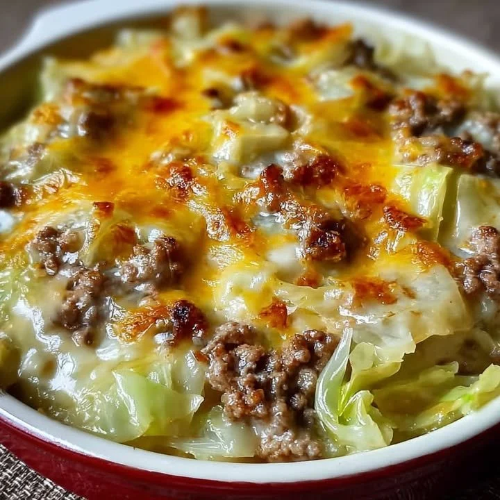 Creamed cabbage and ground beef casserole in a baking dish
