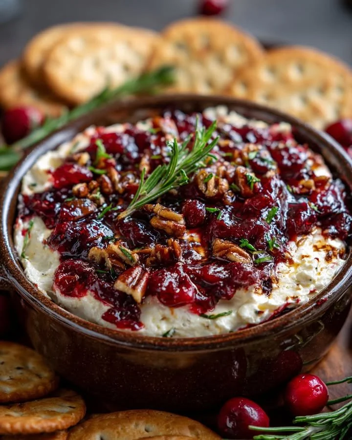 Creamy baked cranberry goat cheese dip with rosemary in a serving dish