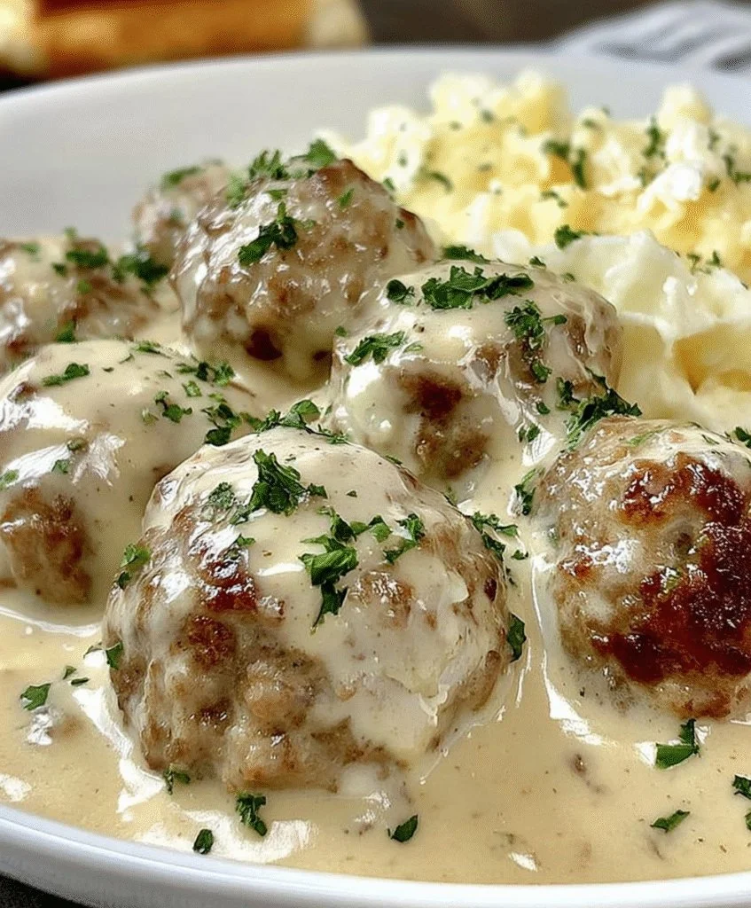 Creamy beef meatballs served with noodles in a delicious sauce.