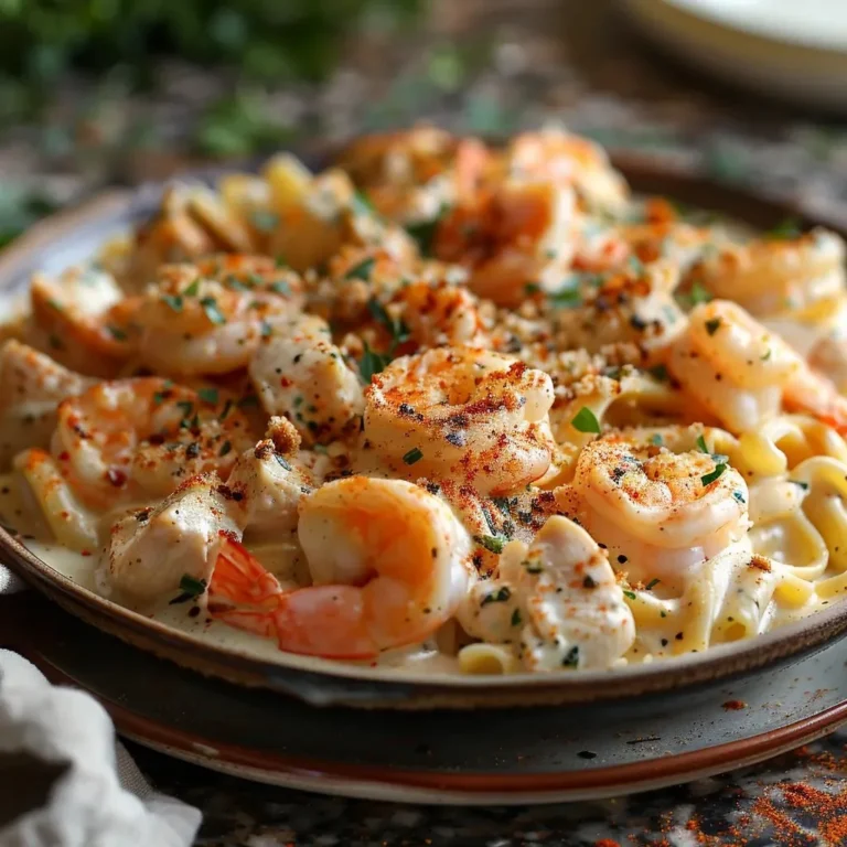 Creamy Cajun shrimp and chicken pasta served in a bowl with herbs and spices.