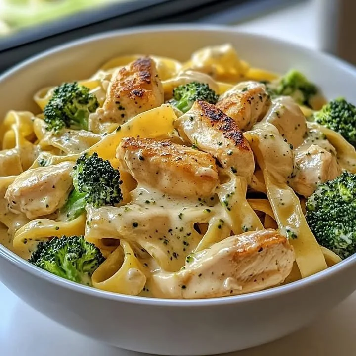 Creamy Chicken and Broccoli Fettuccine Pasta dish served with fresh ingredients.