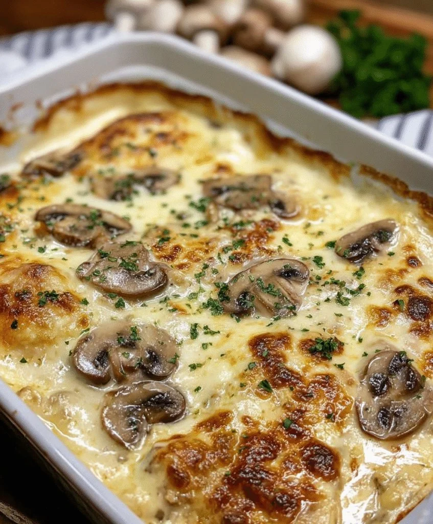 Creamy chicken bake with mushrooms and sun-dried tomatoes served in a dish