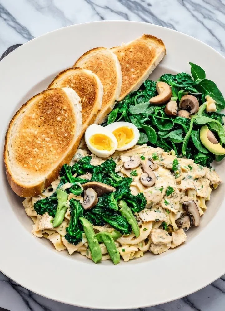 Creamy Chicken Mushroom Pasta with greens and soft-boiled egg served with toast