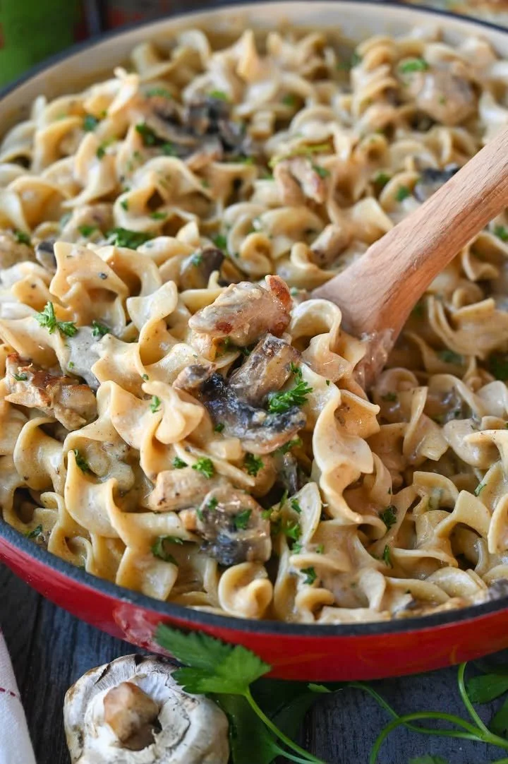 Delicious creamy chicken stroganoff served with noodles and garnished with parsley