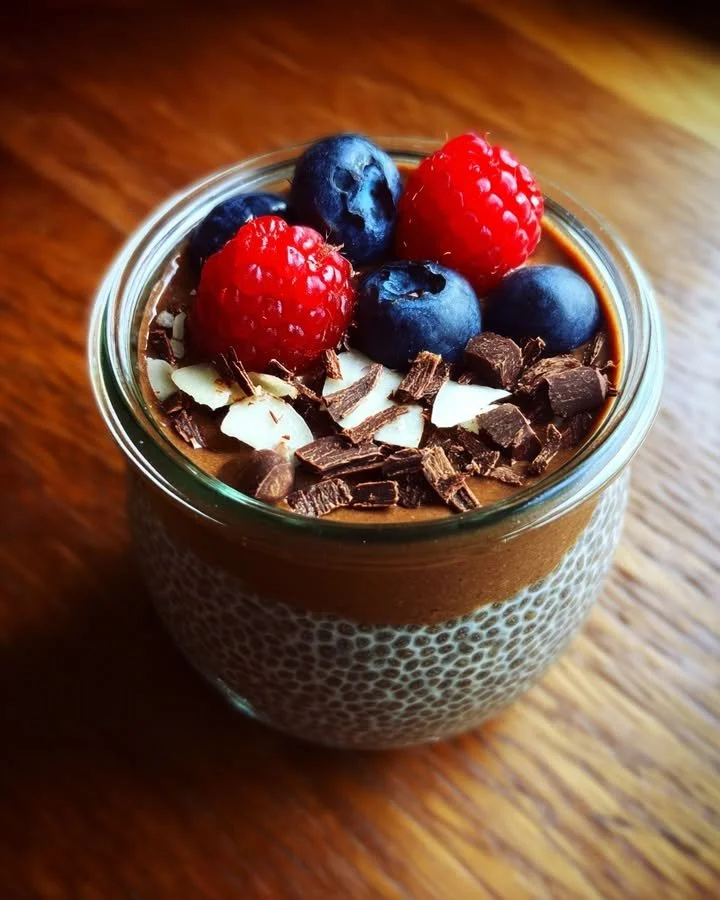 A delicious bowl of creamy chocolate chia pudding topped with fresh berries