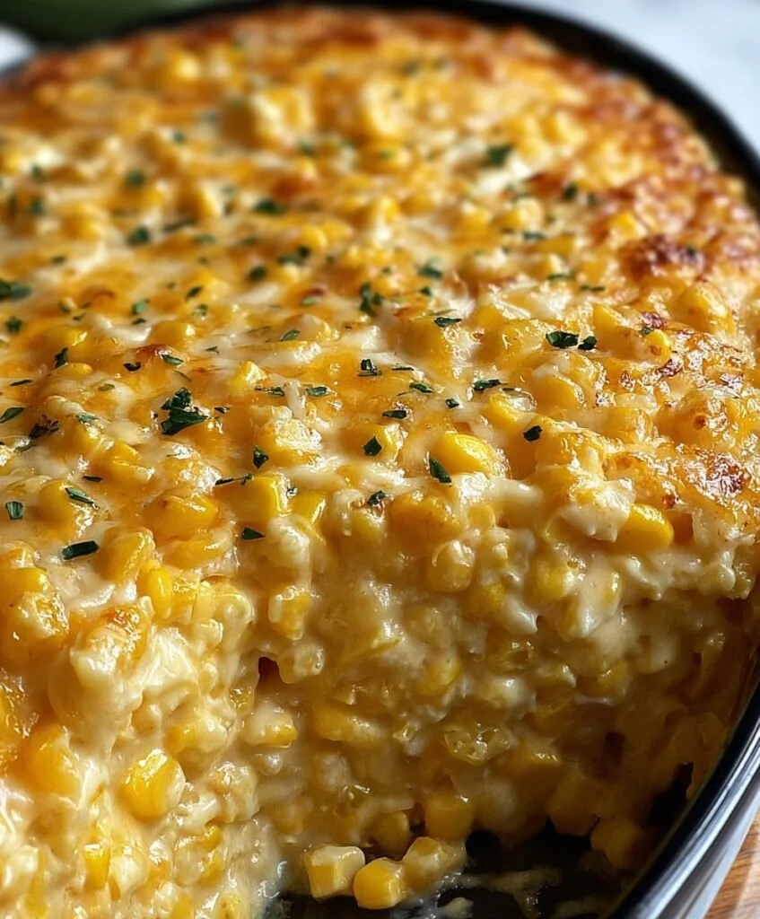 Creamy corn casserole served in a baking dish, garnished with herbs