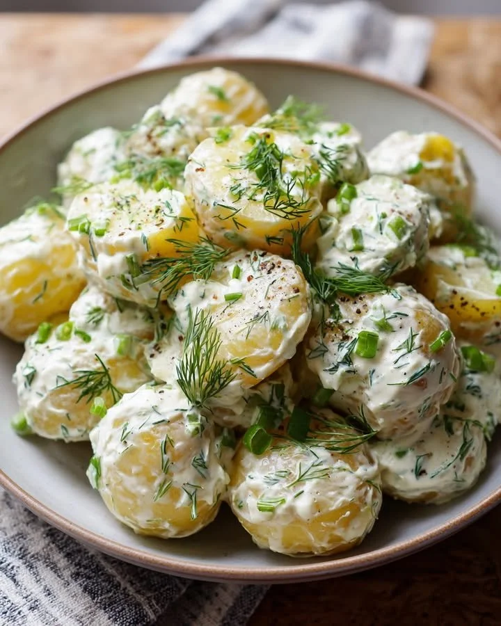 Creamy dill potato salad made with Greek yogurt in a bowl, garnished with dill.