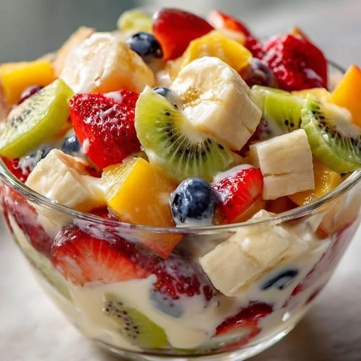 Bowl of Creamy Dream Fruit Salad with colorful assorted fruits and creamy dressing