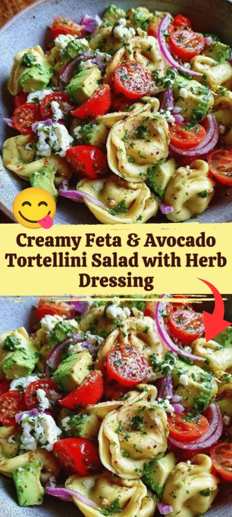 Creamy Feta Avocado Tortellini Salad with fresh herbs and dressing