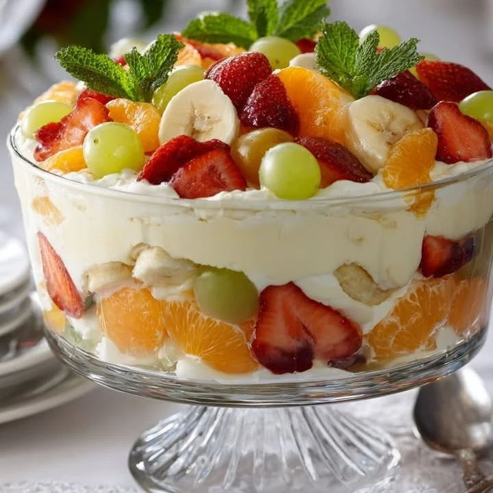 Layered creamy fruit custard trifle with fresh berries and custard cream