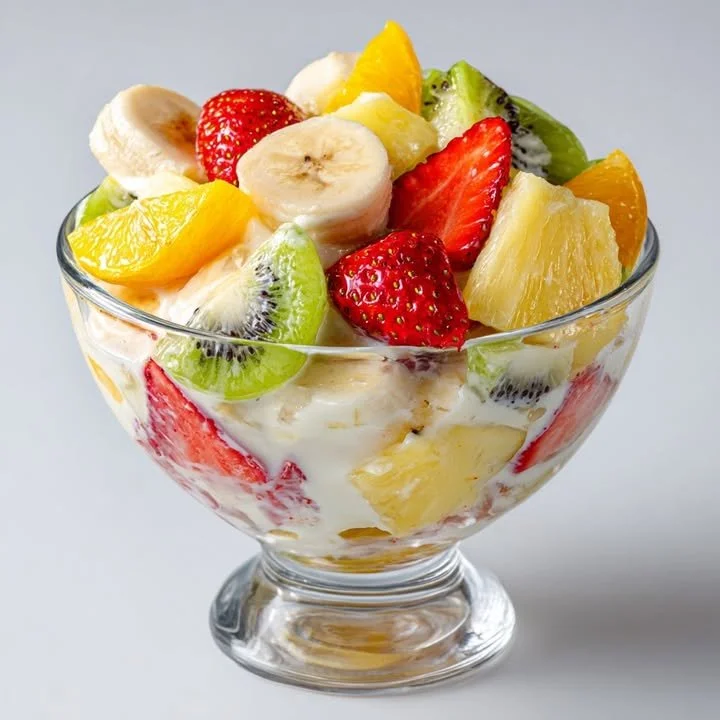 Creamy fruit salad with a mix of fresh fruits in a bowl