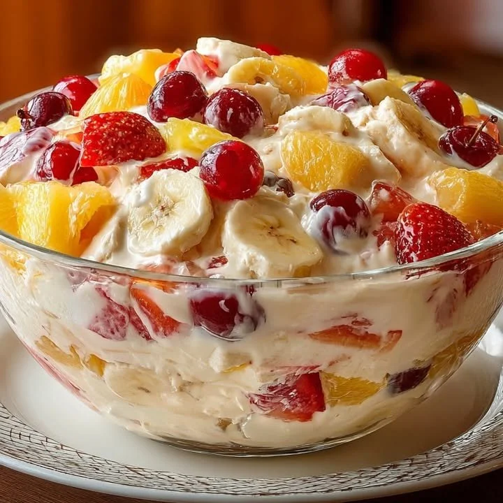 Creamy fruit salad with assorted fresh fruits in a bowl