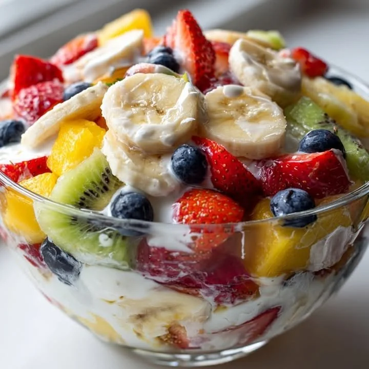 Delicious creamy fruit salad with assorted fresh fruits